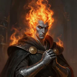 medium-length portrait of a male fire genassi sorcerer with hair made of fire and dark eyes, grey skin, serious expression, wears a dark robe and silver gauntlets, medieval setting, highly detailed, digital painting, artstation, concept art, sharp focus, illustration, art by greg rutkowski and alphonse mucha
