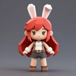 low poly model of a 3D anime girl, long crimson hair, bunny ears, round chibi face, cowboy shot