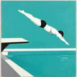 acrylic painting on wood of a woman diving from a high diving board into a pool. mid - drive. medium distance. teal, white, black and grayscale. simple. flat. vintage, mid - century modern.