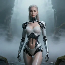 Masterpiece full body portrait of a beautiful female cyborg with a beautiful face and flawless skin, half of her body is robotic,  in a surreal dream landscape, eerie fog, cinematic lighting, 8k
