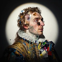 an elizabethan londoner, side portrait, passionate, spotlight, dramatic, paint drips, textiles, collage, mixed media, paint splatter, scraps, vibrant colors, futuristic clothing, beautiful eyes, broken glass, by marco paludet, by jeremy mann, by hannah hoch