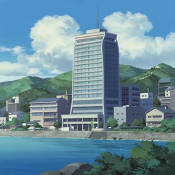 a large building on the coast of japan. in the style of gits mamoru oshii.