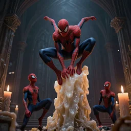 4 k cgi render of a gothic spider - man climbing up a giant candle