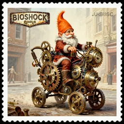bioshock steampunk orange mohawk Streetfighter Gnome Santa riding an intricate clockwork gearwork automaton springs gears bolts wires golem vehicle traveling stamp postcard winslow homer craig j. spearing thomas eakins