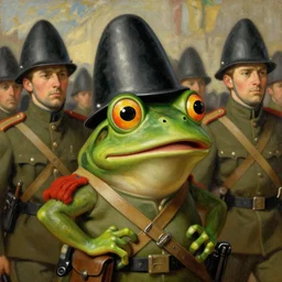 pepe the frog in ww 1 military parade, schirmmutzen, pickelhaube, expressive oil painting in style of sandro botticelli and leonardo da vinci, uncropped