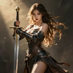 character concept, fantasy warrior girl, full body, seducing pose, sword, greg rutkowski detailed, cinematic