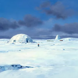 gouache matte painting!!!! a wholesome animation key shot of a cute empty winter icy antarctic landscape with broken igloo and small boats in far distance, studio ghibli, pixar shinkai and disney animation, sharp, rendered in gouache painting, anime key art by makoto shinkai, greg rutkowski, dramatic, dynamic lighting