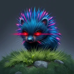 a cute and stylish cyberpunk porcupine with neon quills and fine blue fur on a grass patch, laser eyes, dramatic light, simple background, highly detailed, masterpiece by ruan jia, artgerm, greg rutkowski, norman rockwell, tom bagshaw