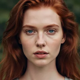 close up portrait photograph of a thin young redhead woman with russian descent, sunbathed skin, with deep blue eyes. Wavy long maroon colored hair. she looks directly at the camera. Slightly open mouth, face takes up half of the photo. a park visible in the background. 55mm nikon. Intricate. Very detailed 8k texture. Sharp. Cinematic post-processing. Award winning portrait photography. Sharp eyes.