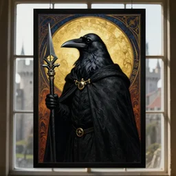 portrait of a raven in a vantablack cloak and holding a symbolic weapon. art in the style of symbolism art style portrait hung up in a windows 9 8 castle. r / oldschoolfantasy