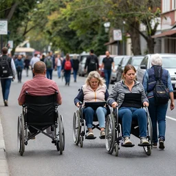 candid street photo showing only disabled people walking on the road