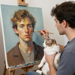 man holding a cat and paintbrush, there is a painting of a painting of himself painting