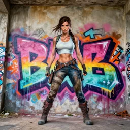 lara croft 3 d! graffiti, gradients, extreme wide angle, arrows, drips, in the style of daim, totem, fleks, odeith