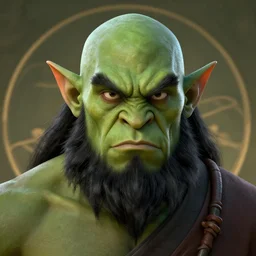 centralized head - on character portrait, green skin, angry handsome orc monk with black hair and black beard, alphonse mucha, rhads, ross tran, artstation, artgerm, octane render, 1 6 k