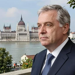 viktor orban with highly detailed face standing next to danube looking at the destroyed lanchid in budapest, by edward hopper