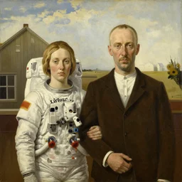 a painting by Grant Wood of an astronaut couple, american gothic style