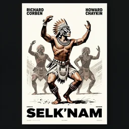 a Exaggerated Poster artwork by Richard Corben, Howard Chaykin , of a Selk'nam dancing in a deep conection with the soul of the sea and the fire, Award winning photo, iridiscense, Houdini algorithmic generative render, Accurate and detailed, sharp focus, octane render 8k ,
