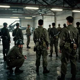 soldiers searching through a hangar, 1 9 8 7, dim lighting, movie still