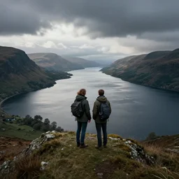 a scottish couple standing on a ridge overlooking loch lomond 4 k, concept art, by wlop, ilya kuvshinov, artgerm, krenz cushart, greg rutkowski, pixiv. cinematic dramatic atmosphere, sharp focus, volumetric lighting, cinematic lighting, studio quality