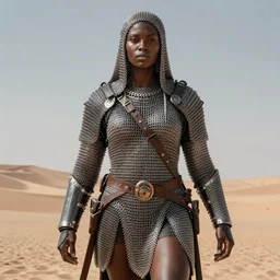 a large woman wearing chain mail, heavy looking, powerful, imposing presence, by greg staples and boris vallejo, highly detailed, hyperrealistic, dark skin, desert lands, sharp focus, soft lighting, centered, octane render