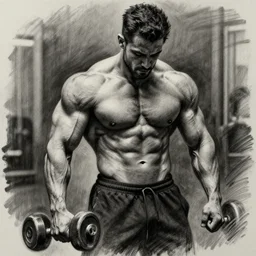 sigma alpha male in the gym, charcoal drawing, beautiful strong bodybuilder, godly human being