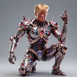 constipated donald trump full body detailed, ethereal, cyborg biomechanics, covered in blood diamonds and other gems glowing, highly detailed face, evil posed, evil expression, intricate, extremy detailed, beeple, cgsociety, 3 d unreal engine octane render. cinematic lighting, highly detailed 4 k art