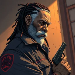 elderly busta rhymes!! wearing uniform, dreadlocks, holding pistol at side, side view, looking down | | audrey plaza, fine detail!! anime!! realistic shaded lighting!! poster by ilya kuvshinov katsuhiro otomo ghost - in - the - shell, magali villeneuve, artgerm, jeremy lipkin