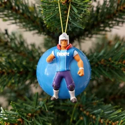 real photo of a fortnite themed christmas ornament on a christmas tree, close up, 3 5 mm, camera quality