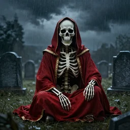 a skeleton, in a red robe with a gold trim, sitting in a graveyard, during a storm, staring hauntingly into the camera