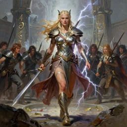 A mixed media painting of the beautiful blonde viking goddess of war infused with lightning, walking into battle, very aesthetic, detailed face, by Frank Frazetta, Greg Rutkowski, Boris Vallejo, Beeple, Yoko Taro, Christian MacNevin, epic fantasy character art, goddess of anger, viking runes, high fantasy, CGsociety, full length, exquisite detail, post-processing, low angle, masterpiece, cinematic, odin's stone arena background