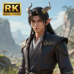 handsome young warrior, clean - shaven, horns, pointy ears, long hair, epic landscape, realistic anime, highly detailed, unreal engine 5, 8 k, digital fantasy illustration, by rossdraws, by heise jinyao, sharp focus, octane render, trending on artstation,