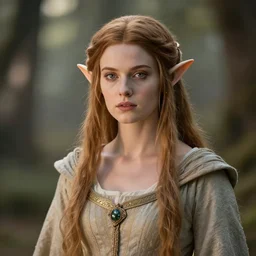 A beautiful, fully clothed elven maiden with a realistic face; portrait by Craig Mullins; bokeh, 90mm, f/1.4