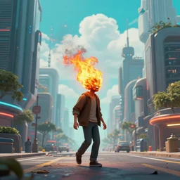 a man walks happily down the street with his head on fire in a futuristic cyberpunk city, the sky is a turquoise blue with beautiful white fluffy clouds, hyper realism volumetric lighting