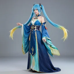 Sona is a slender, pale-skinned woman with long blue hair in two long flowing pigtails and yellow at the ends. Her robes is a long, elegant gown with a distinctive palette of blue, dark blue, turquoise and gold accents. 8k hdr photography, studio lighting