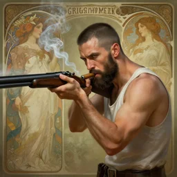 epic portrait A man smoking a cigar and shooting zombies with a shotgun, white tank top, beard, buzzcut, apocalyptic, digital painting, artstation, concept art, soft light, hdri, smooth, sharp focus, illustration, fantasy, intricate, elegant, highly detailed, D&D, matte painting, in the style of Greg Rutkowski and Alphonse Mucha and artemisia, 8k, highly detailed, jurgens, rutkowski, bouguereau, pastoral, rustic, georgic