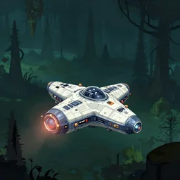a spaceship that has just landed at a space port on a strange alien planet, alien forest in background, from a space themed point and click 2D graphic adventure game, made in 2019, high quality graphics