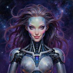 perfectly centered symmetrical portrait, front view of a beautiful biomechanical alien robot goddess, female, flowing hair, intense stare, sweet smile, cosmic background, concept art, intricate detail, volumetric shadows and lighting, realistic oil painting by alex grey, pixel art,