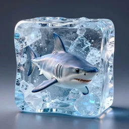 a shark frozen within an ice cube, 3d render, cgi, 3d model, studio lighting