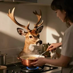 my future wife holds a cute fawn deerhead chihuahua as she makes soup at the stove