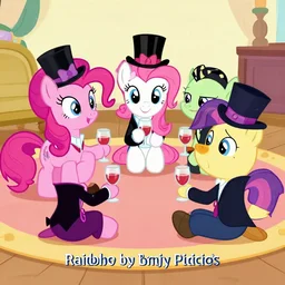 rainbow dash pinkie pie fluttershy and derpy in tuxedos and top hats sitting on a carpet in a circle holding wine with the caption animated underneath it