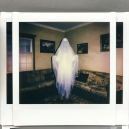 coloured atmospheric polaroid photo of a old living room interior with transparent ghosty banshee corpse body floating