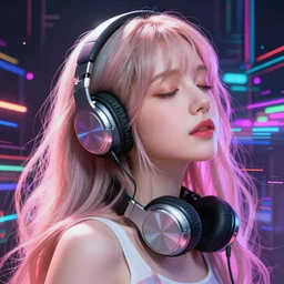 beautiful portrait of a woman with pastel long hair with her eyes closed with headphones on in the style of a code vein character, tzuyu from twice in code vein in the style of WLOP, artgerm, yasutomo oka, rendered in unreal engine and redshift octane , dynamic dramatic lighting, soft lighting, imagine fx, artstation, cgsociety, by Bandai Namco artist, background is surrounded by epic neon glitch effect digital art
