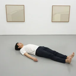 one chinese person laying flat on the floor by daniel johnston and peter doig, line brush, minimal