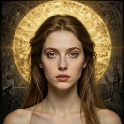 Woman masterpiece, beautiful eyes, golden halo behind her head, by Edgar Maxence and Ross Tran, Zdzisław Beksiński, and Michael Whelan, distant, gustav dore, H.R. Giger, 8k, octane render