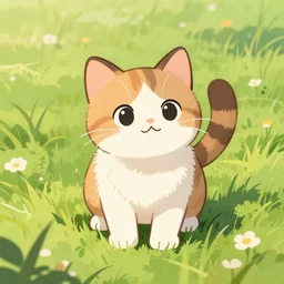 cute friendly calico kitten in the grass on a beautiful sunny day, illustrated by James Gurney, Laurie Greasely, Thomas Kinkade, highly detailed environment