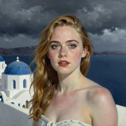 Elle Fanning in Santorini at night, head and shoulders portrait, stormy weather, extremely detailed masterpiece, Roger Deakin’s cinematography, illustration, by Edward Hopper,