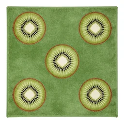 3 5 mm photo of green persian rug texture with huge kiwi fruits ornaments, pile, top view, symmetrical, beautiful, square