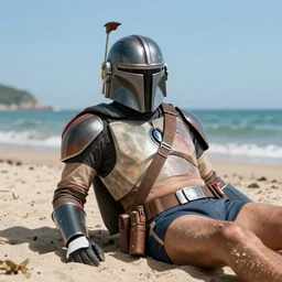a mandalorian relaxing shirtless on a beach in swim trunks. digital art, highly detailed, art station