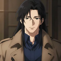 anime style portrait, trending on pixiv, black - haired handsome male vampire, focus on face, pretty, cinematic lighting, painterly, long hair, wearing a dark blue shirt, light brown trenchcoat
