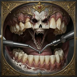 dentist, horror, scary, teeth, drill, deep focus, d & d, fantasy, intricate, elegant, highly detailed, digital painting, artstation, concept art, matte, sharp focus, illustration, hearthstone, art by artgerm and greg rutkowski and alphonse mucha